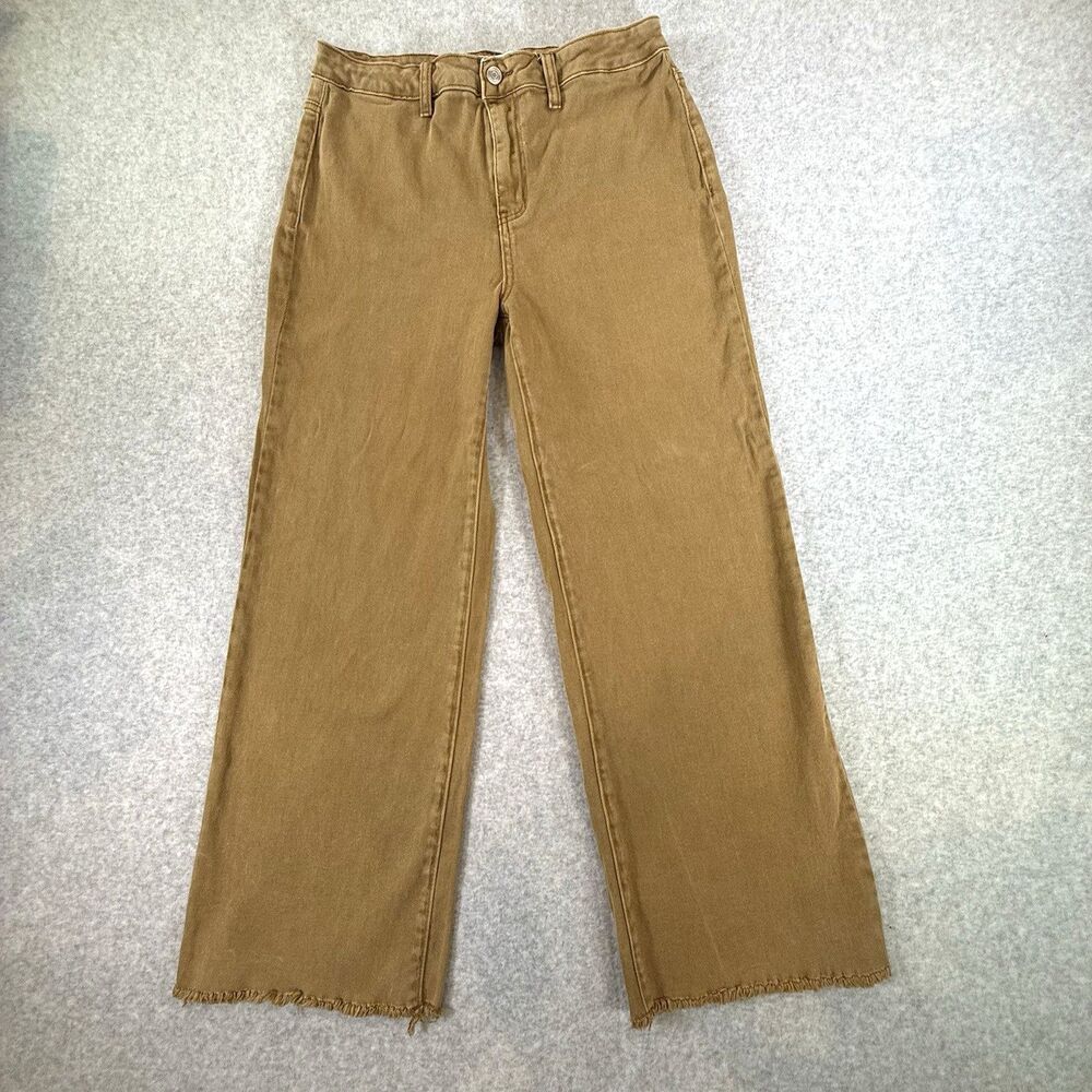 ZENANA Tan Jeans Wide Leg Stretch Frayed Hem Brown High Rise Boho L Camel Fall
